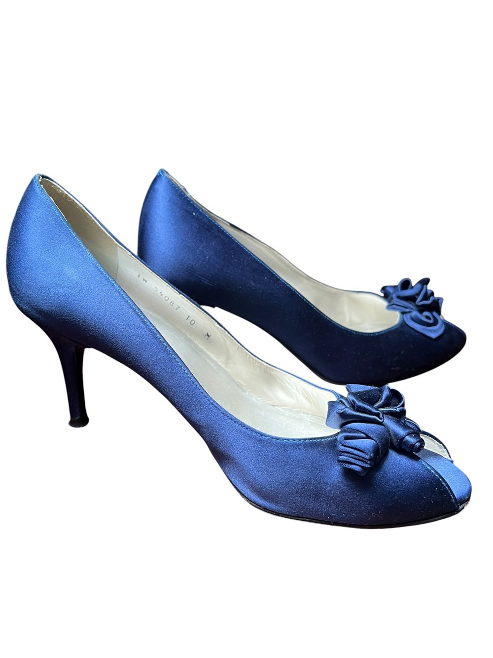 Stuart Weitzman 10M Navy Blue Satin Rosette Peep Toe Pumps Heels
